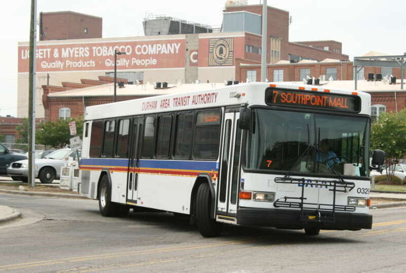 Durham Area Transit Authority bus leaving the DATA terminal in downtown Durham, North Carolina.