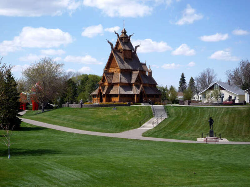 Stave church, located in the Scandinavian Heritage Park in Minot, North Dakota, USA.