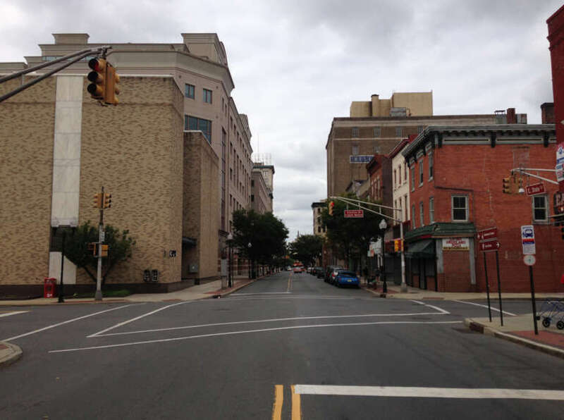 View west along East State Street near Stockton Street in Trenton, New Jersey