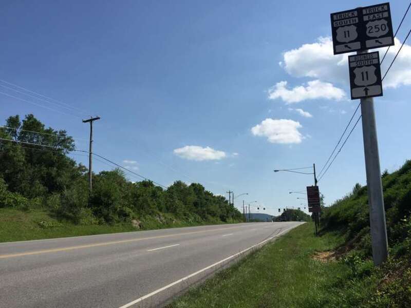 View south along U.S. Route 11 (Commerce Road) just north of the junction with U.S. Route 11 Business (North Augusta Street) in Staunton, Virginia