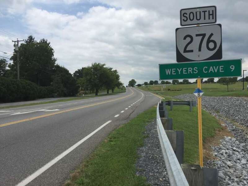 View south along Virginia State Route 276 (Cross Keys Road) just south of U.S. Route 33 (Spotswood Trail) in Massanetta Springs, Rockingham County, Virginia