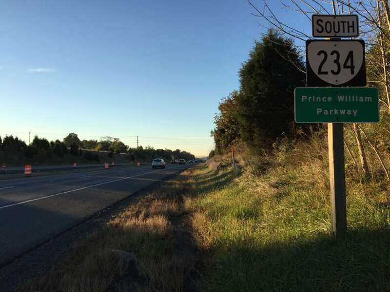 View south along Virginia State Route 234 (Prince William Parkway) just south of Wellington Road in northern Prince William County, Virginia