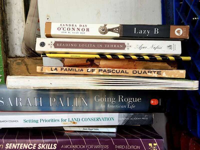 Some books sitting in milk crate bins hung from the walls, at the second location (on Calle Luiza) I saw of Libros Libre, the open street library in San Juan http://libroslibrespr.org/
Hey! I put the Lazy B book there, the one I just finished