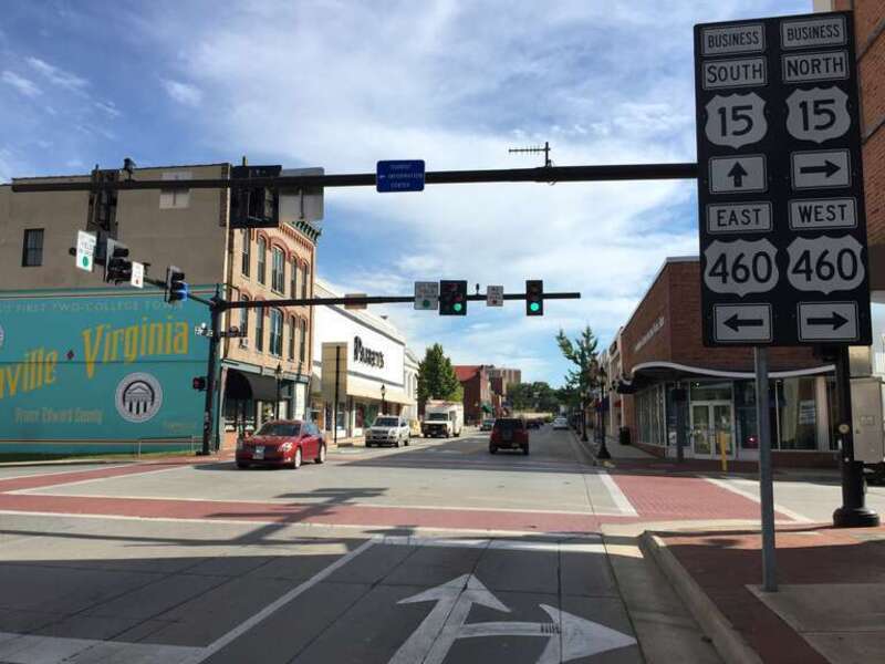 View south along U.S. Route 15 Business (Main Street) at U.S. Route 460 Business (Third Street) and at the south end of Virginia State Route 45 in Farmville, Prince Edward County, Virginia
