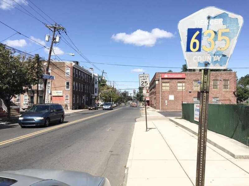 View west along South Olden Avenue (Mercer County Route 622) just east of East State Street (Mercer County Route 635) in Trenton City, Mercer County, New Jersey