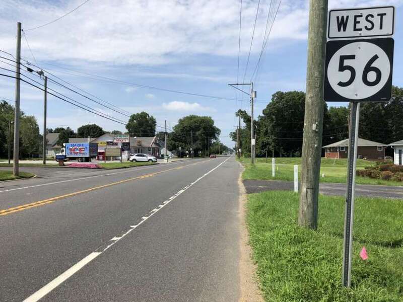 View west along New Jersey State Route 56 (Vineland-Bridgeton Pike/Landis Avenue) at Cumberland County Route 634 (Morton Avenue) in Deerfield Township, Cumberland County, New Jersey