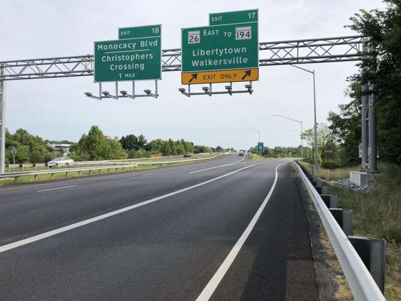 View north along U.S. Route 15 (Frederick Freeway) at Exit 17 (Maryland State Route 26 EAST, TO Maryland State Route 194, Libertytown, Walkersville) in Frederick, Frederick County, Maryland