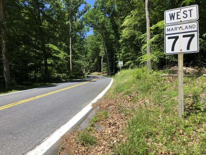 View west along Maryland State Route 77 (Foxville Road) at Catoctin Hollow Road in Foxville, Frederick County, Maryland