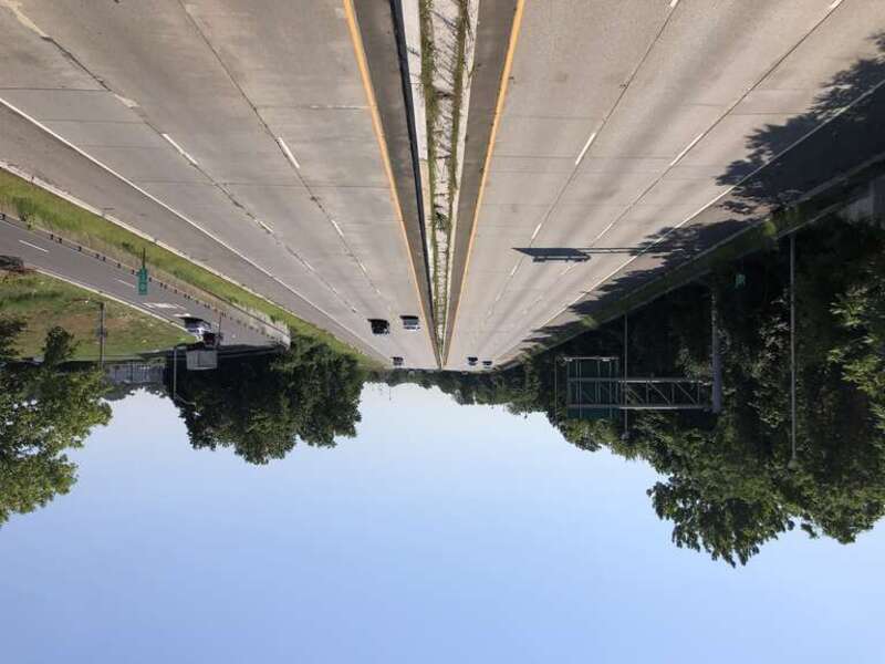 View south along New Jersey State Route 21 (McCarter Highway) from the overpass for Passaic County Route 618 (Paulson Avenue) in Passaic, Passaic County, New Jersey