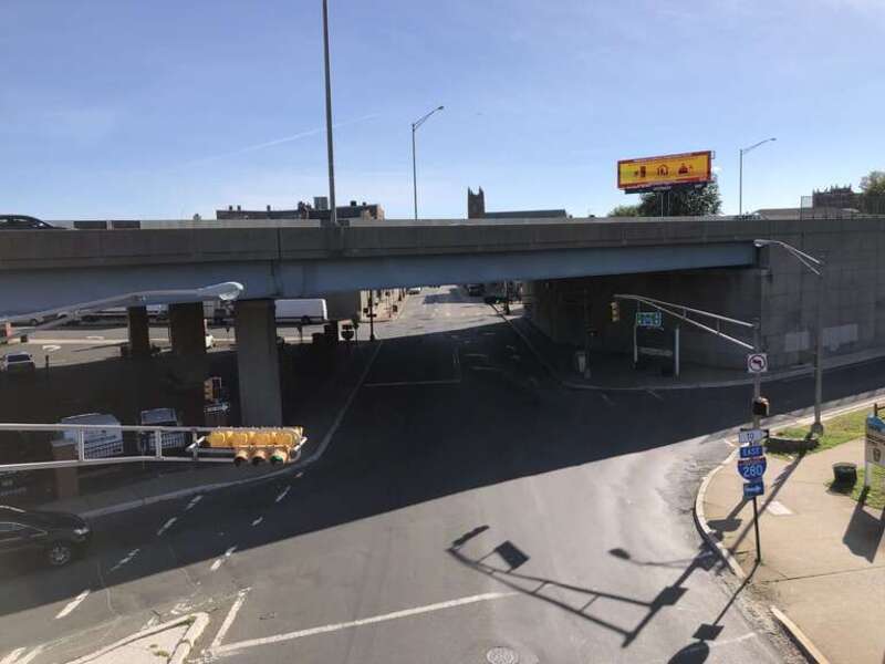 View east along Hudson County Route 508 (Harrison Avenue) from the overpass for the rail line just west of Interstate 280 in Harrison, Hudson County, New Jersey