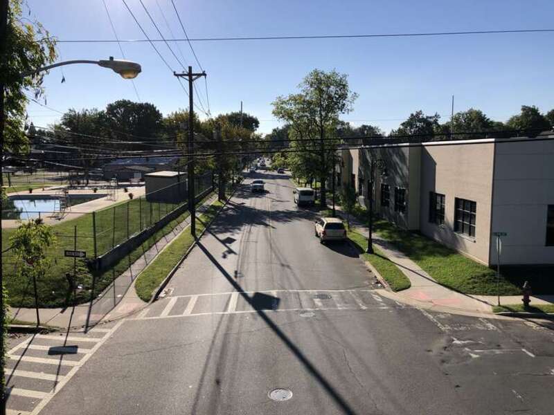 View east along New Jersey State Route 28 (Plainfield Avenue) from the overpass for the rail line near Second Street in Plainfield, Union County, New Jersey