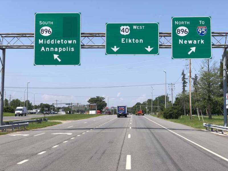 View west along U.S. Route 40 (Pulaski Highway) just east of Delaware State Route 896 (South College Avenue/Summit Bridge Road) in Glasgow, New Castle County, Delaware