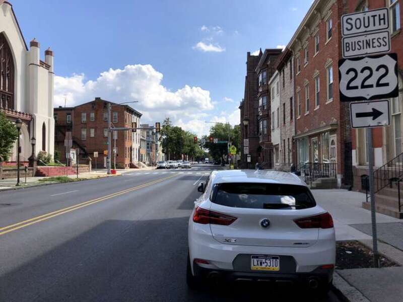 View south along U.S. Route 222 Business (South Fifth Street) between Franklin Street and Chestnut Street in Reading, Berks County, Pennsylvania