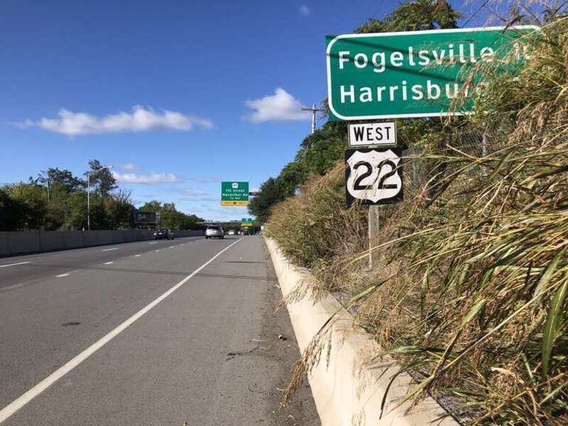 View west along U.S. Route 22 (Lehigh Valley Thruway) just west of the exit for Fullerton Avenue in Whitehall Township, Lehigh County, Pennsylvania