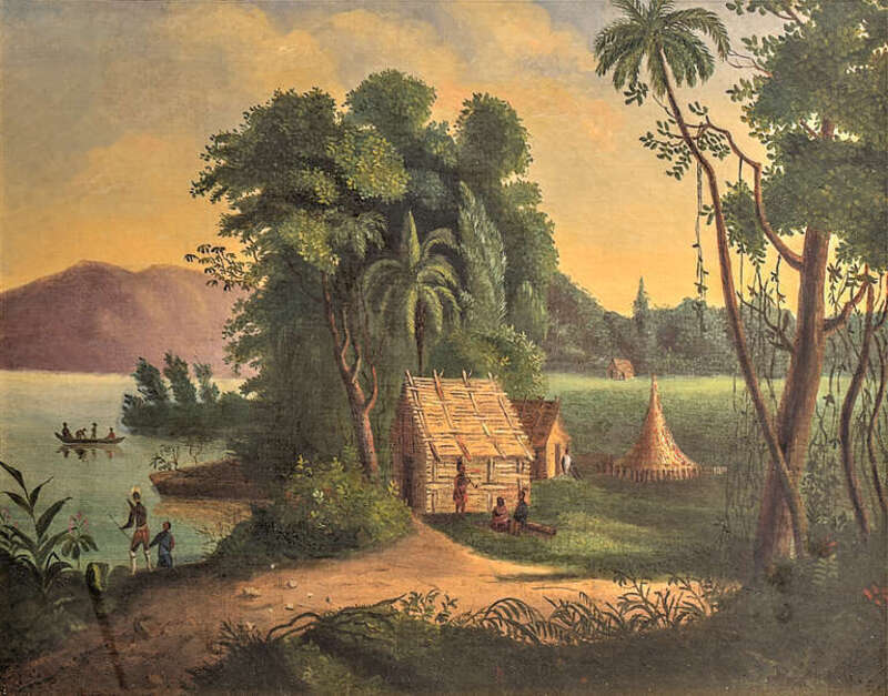 Painting of Cherokee Settlement, Toqua, TN as seen in 1797 by Elizabeth Welch Goodwin