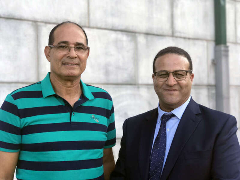 From left to right: Retired Moroccan footballer and manager Ezzaki Badou and Consul General of Morocco in New York Abdelkader Jamoussi at the Moroccan Cultural Day Festival at José Martí STEM Academy in Union City, New Jersey, on July 31,