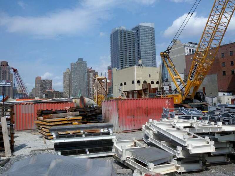 Looking northeast from 33d Street at Site P of the 7 Line Extension, 555 West 34th Street, on a sunny day.