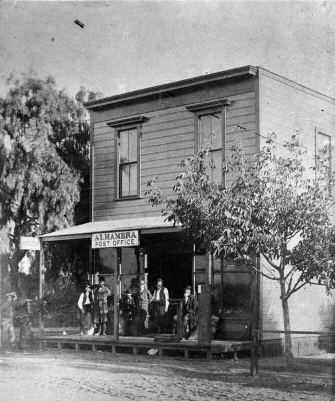 The first store and post office in Alhambra, California. It was located on the corner of Garfield Ave. and Main St.