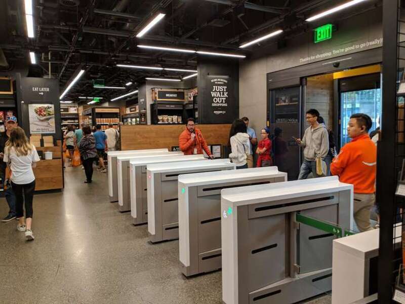 Entrance of Amazon Go grocery store in Seattle, Washington, USA. Scan the QR code on the Amazon Go mobile app when entering.