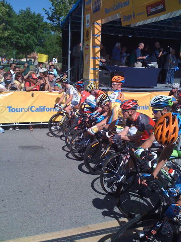 This is the starting line of the Amgen Tour of Californa, Stage 6.  From the top is: Mark Cavendish, Andy Schleck, Ryan Anderson, David Zabriskie, Michael Rogers, Levi Leipheimer, Peter Sagan, and Peter Stetina (with his head down, closest to the