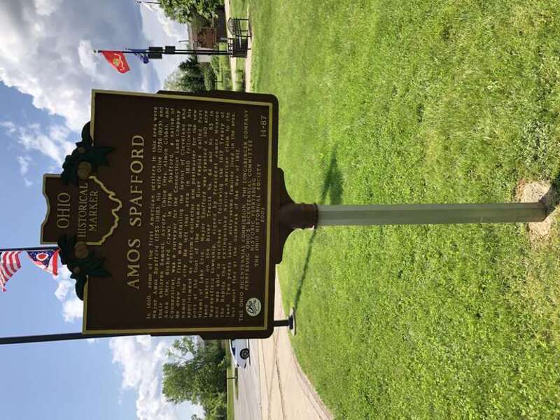A historical marker for Amos Spaford