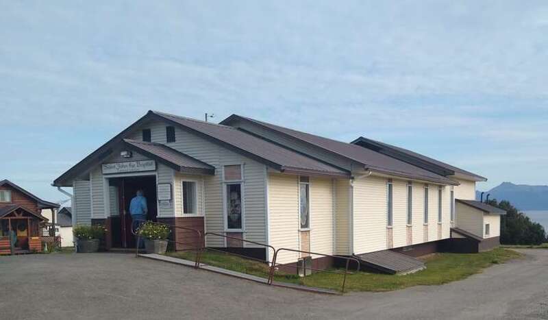 View towards the ocean of  St John the Baptist Catholic Church in Homer, Alaska
