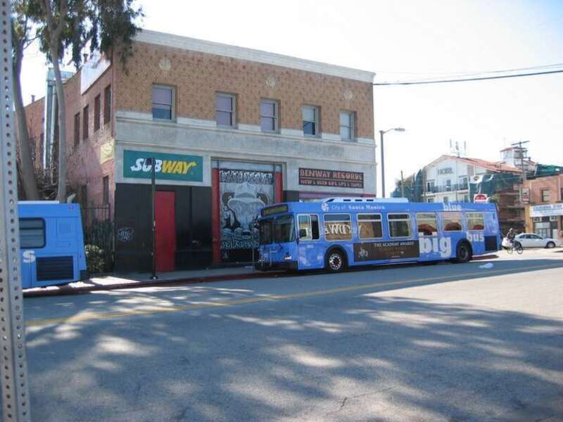 This is a photo of the building at 1600 Pacific Ave., Venice, California.  

At the time, the building housed Benway Records and a SUBWAY franchisee.  Stopped in front of the building was one of the big blue buses of Big Blue Bus (the cropped version