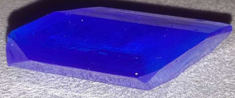 Monocrystal of blue vitriol grown from a saturated solution of cupric sulfate, longest dimension is about 5 cm.
