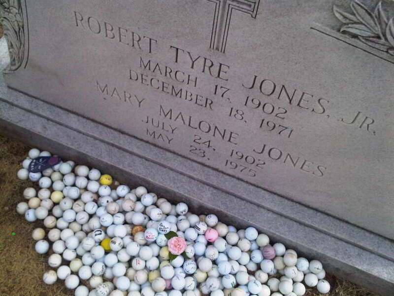 Detail of the grave of Bobby Jones (golfer) in historic Oakland Cemetery in Atlanta, Georgia.  Text: &quot;Robert Tyre Jones, Jr. / March 17, 1902 / December 18, 1971 / Mary Malone Jones / July 24, 1902 / May 23, 1975&quot;