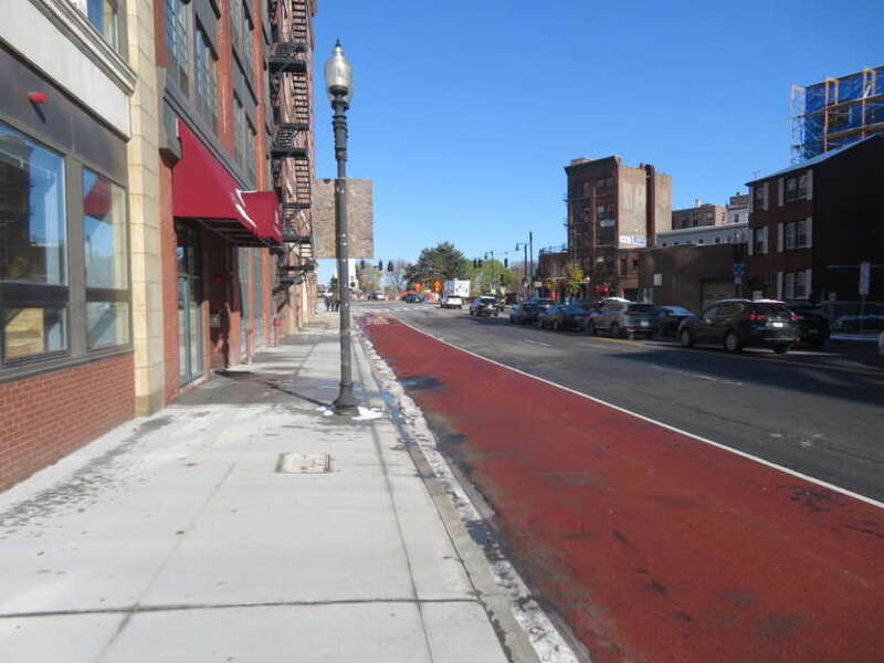 Southbound bus lane on North Washington Street, installed in August 2019, seen in October 2020