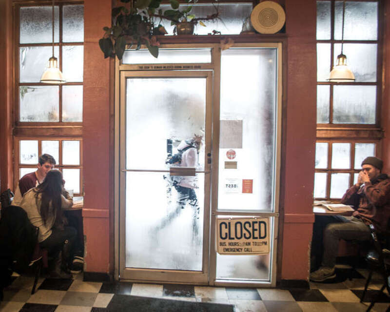 Cafe Roma, near the University of Oregon and home to some of the strongest coffee in Eugene, Oregon, with a little snow outside.