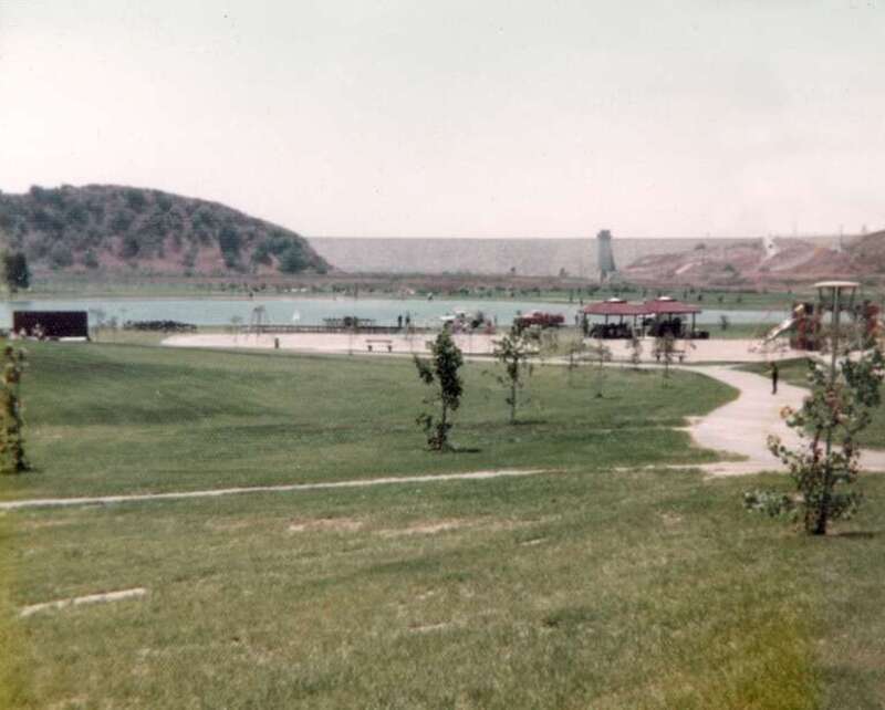 A picture of the dedication ceremony for the damn in Carbon Canyon Regional Park in California.
