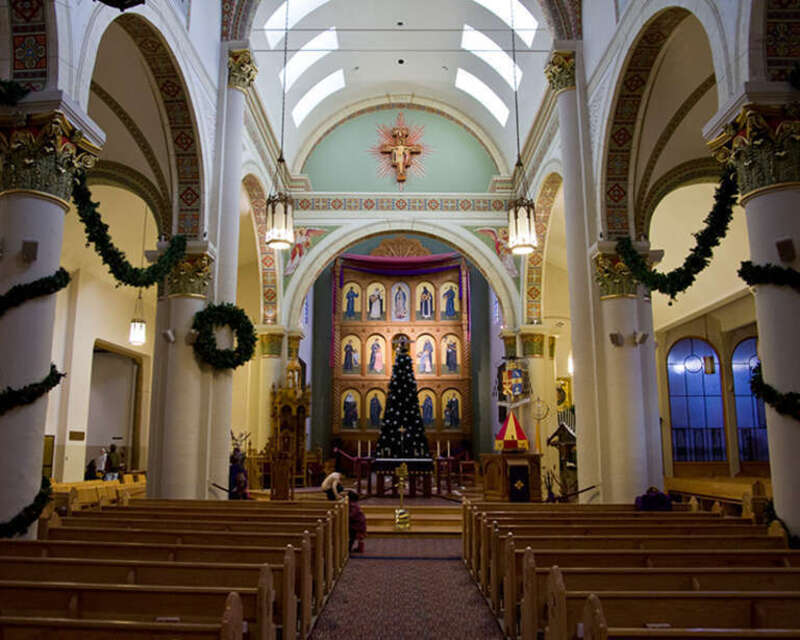 Christmas tree inside the Cathedral of St. Francis in Santa Fe