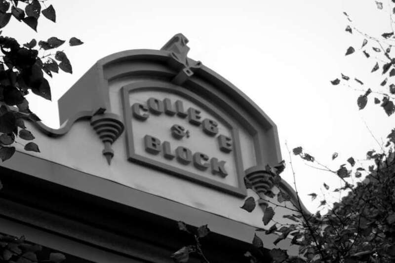 Rooftop building name on the historic College Block building