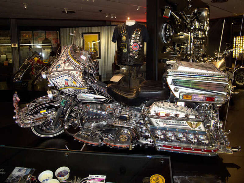 Custom with plenty of chrome and mirrors at the Harley-Davidson Museum, Milwuakee