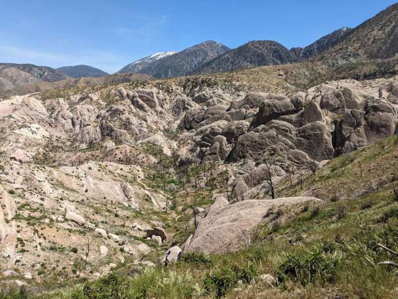 The Devil's Punchbowl formation in Pearblossom, California, viewed from above in April 2023.