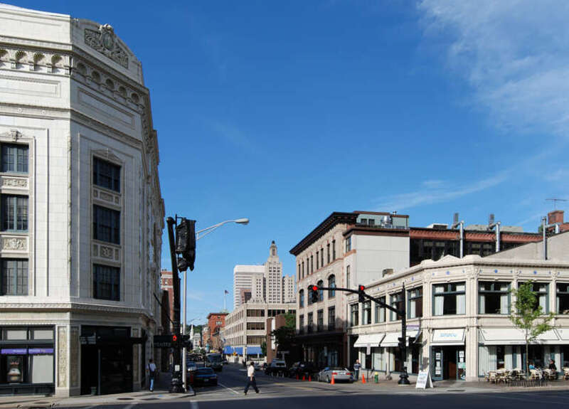 Downtown Providence, Rhode Island (Downcity), corner of Washington and Empire Streets. Trinity Repertory Company at left.