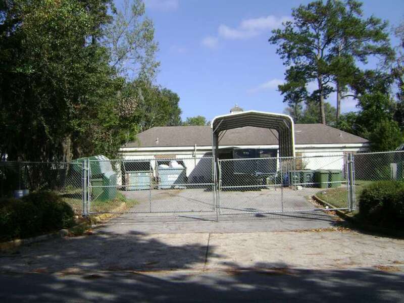 Former Nation's Bank drive up bank, now used for equipment / vehicle storage at Valdosta State University.