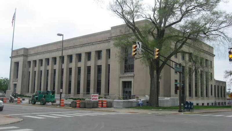 Northern and eastern sides of the E. Ross Adair Federal Building and United States Courthouse, located at 1300 W. Harrison Street in Fort Wayne, Indiana, United States.  Built in 1932, it is listed on the National Register of Historic Places.