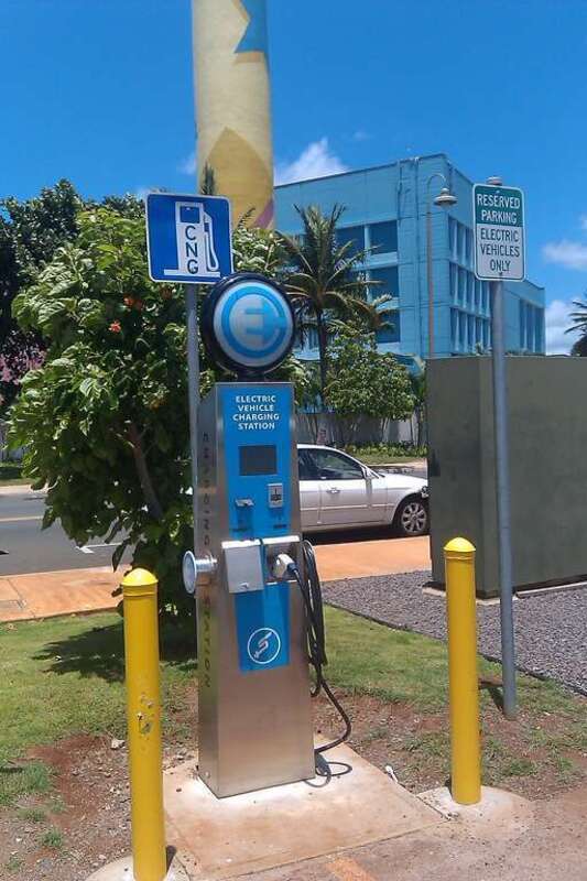 An electric car charging station in Kaka'ako, Honolulu, Oahu, Hawaii.