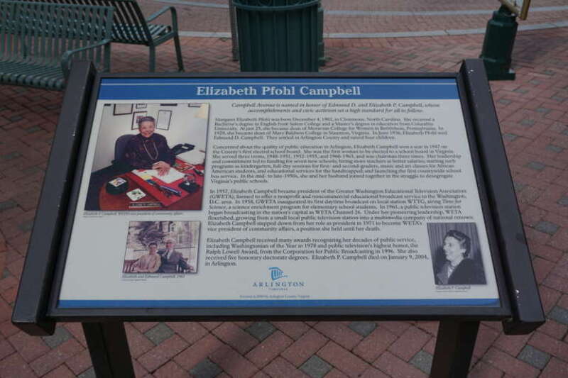 A plaque containing a short biography of Elizabeth Pfohl Campbell.  Located near 4200 Campbell Avenue, Arlington, Virginia.  The street was named after Elizabeth and her husband, Edmund.