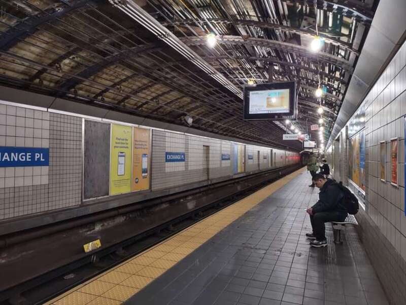 Looking east along westbound platform. Ceiling is exposed for renovation work.