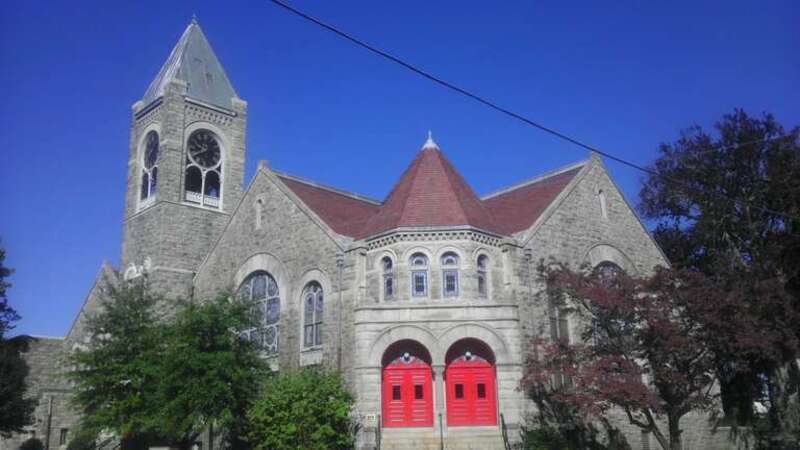 Looking northwest from East Lincoln Avenue at First United Methodist Church on a sunny morning, Mount Vernon, New York