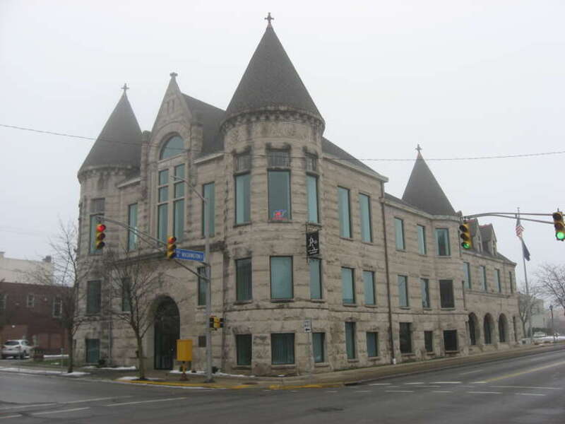 Front and western side of the former Kokomo City Building, located at 221 W. Walnut Street in Kokomo, Indiana, United States.  Built in 1893, it is listed on the National Register of Historic Places.