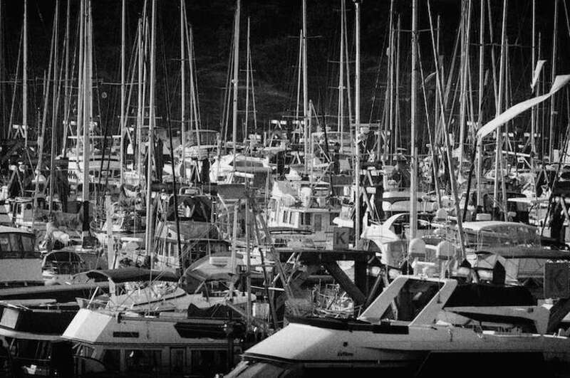 Some of the boats at Friday Harbor, San Juan Island, Washington. Photo shot from the ferry on the way to the dock.