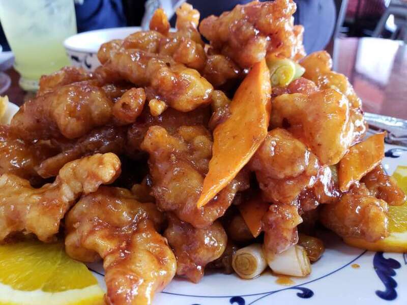 Crispy chicken with orange flavor served at a Chinese American cuisine restaurant off Plaza boulevard in National City, California