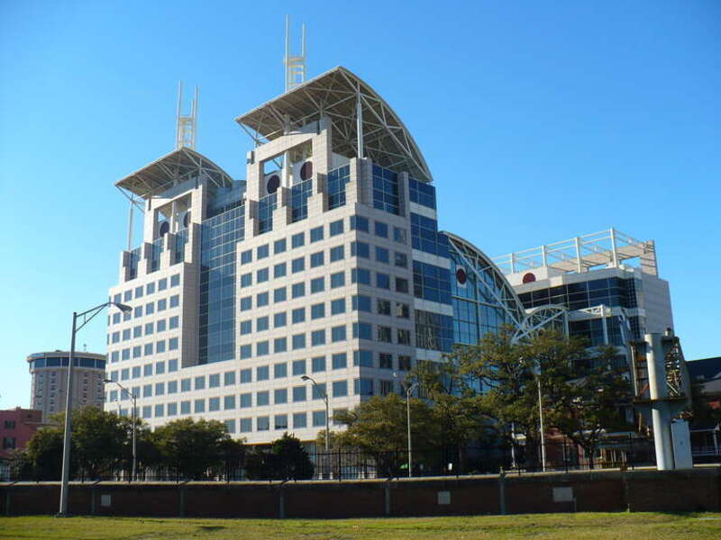 Mobile Government Plaza in Mobile, Alabama.  Houses city and county government. View of Church Street facade from the southeast.