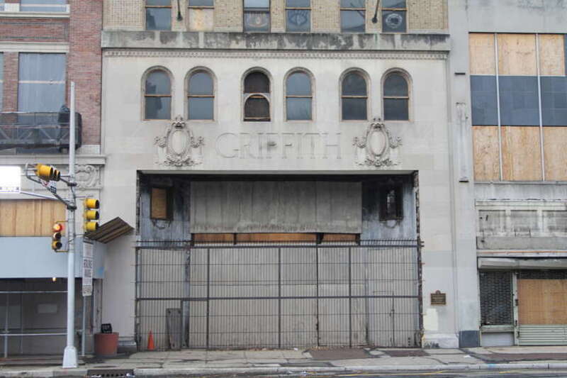 Griffith Building at 605 Broad Street, Newark, New Jersey.  Constructed 1927 for the Griffith Piano Company.  George Elwood Jones, architect.  Listed on National Register of Historic Places (NRIS #84002641).  Entryway detail.