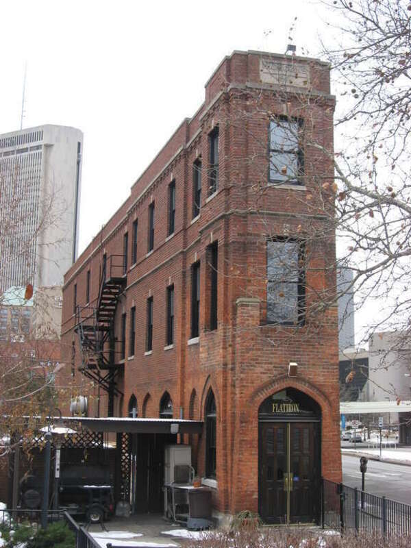 Eastern end and southern side of the H.A. Higgins Building (also known as the &quot;Flatiron Building&quot;), located at 129 E. Naghten Street in Columbus, Ohio, United States.  Built in 1914, it is listed on the National Register of Historic Places.