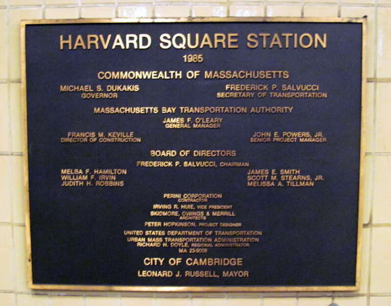 1985 dedication plaque at Harvard station. Although the Church Street entrance and the platforms opened in 1983, the main lobby did not open until May 3, 1985.